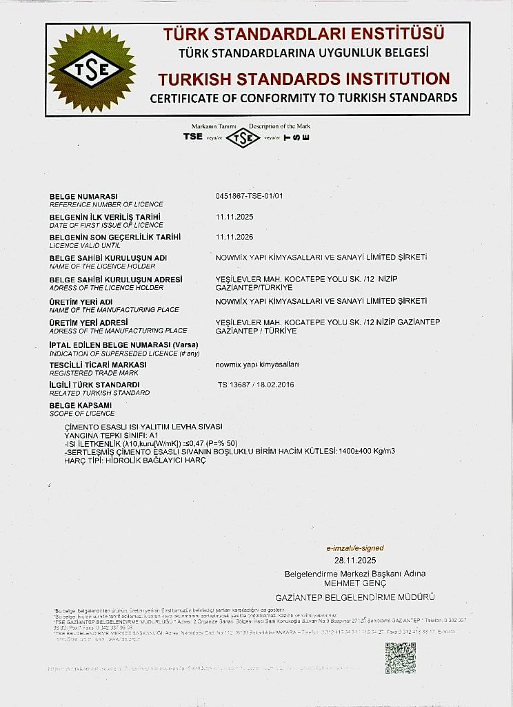 TSE Levha Sıvası Belgesi