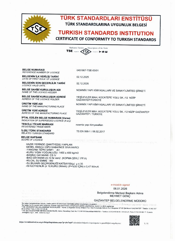 TSE Sıva Harcı Belgesi